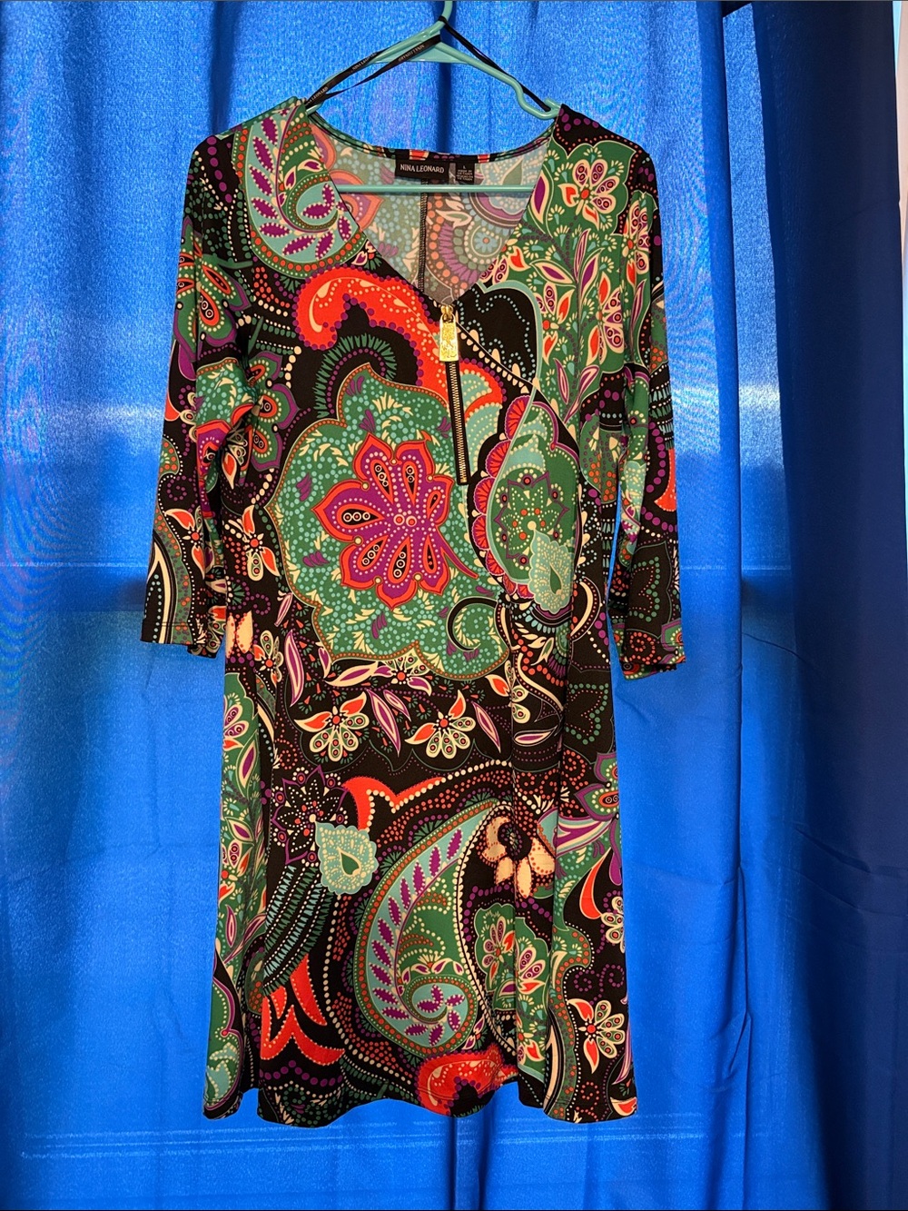 Nina Leonard Multicolor Paisley-Print Long Sleeve Dress